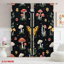 Blackout Curtains - Whimsical Mushroom & Floral Print On Black Background, Machine Washable Rod Pocket Drapes For Bedroom, Living Room, Kitchen, Balcony - Contemporary Home Decor, Natureinspired Design,  Peach Skin Curtains, Single-Sided Printed, Polyester Material, Easy To Clean And Maintain, Soft And Comfortable, Perfect For Living Room, Bedroom, Balcony, Study Room, Kitchen, Rod Pocket Curtains, Enhance The Sense Of Happiness At Home, Perfect For Christmas, Halloween, And Thanksgiving Decorations(Rod Not Included) - 款式 18(2 片) - 查看 4