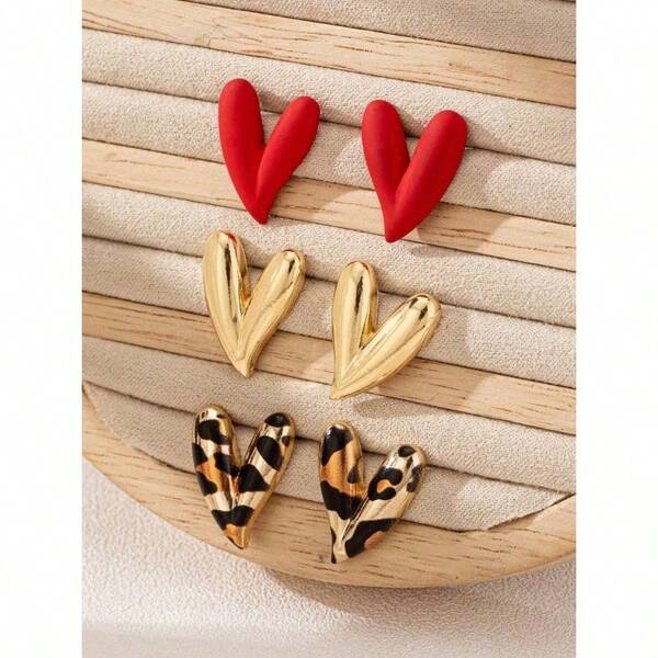 3 Pairs Fashion Personalized Metic Enamel Leopard And Heart Stud Earring Set Suitable For Party And Multiple Occasions For Women