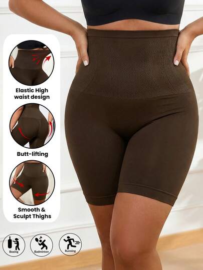 1pc Plus Size Women's Lightweight Cycling Shorts, High Waist Fitness Running Sports Elastic Tummy Control Shorts, Comfortable Fitted Tight Yoga Shorts