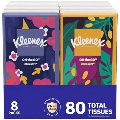 On-The-Go Facial Tissues 8 On-The-Go Packs 10 Tissues Per Box 3-Ply 80 Total Packaging May Vary