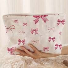 1PCS Corduroy Makeup Bag Pink Bow Pattern Collection Lightweight And Multi Functional Zipper Bag - Perfect For Cosmetics, Travel Essentials, Toiletries Storage Bag Corduroy Fabric - 米色 - 查看 7