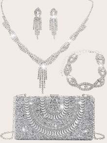 Conjunto de joyas con strass: collar, aretes y pulseras para bolso de embrague para fiesta, elegante bolso de embrague de plata con brillo de strass, romántico bolso de hombro con cadena para boda, primavera/verano, bolso de novia, embrague formal para baile de graduación, elegante bolso de vestido de noche, perfecto para fiesta, boda, cena/banquete formal - Plateado - Ver 12