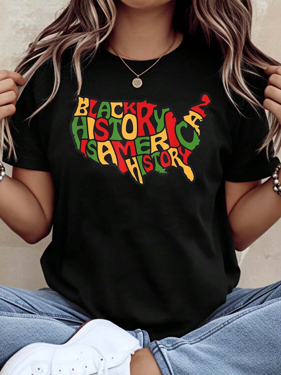 Is American History Usa Map T Shirt Women Unisex Cotton Casual Graphic Tee Top, 220g - 黑色 - 查看 1