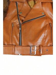 Women's Fashion Faux Fur Crocodile Print Jacket Collar Design Waist Belt Detail Zipper Closure - Lạc đà G0772 - Xem 7