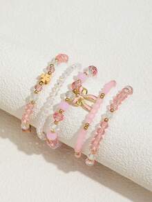 5pcs/Set Cute Bow & Clover Charm Bracelet Set, Women Pink Beaded Faux Pearl Elastic Bracelets, Sweet Jewelry For Girls Party & Daily Wear
