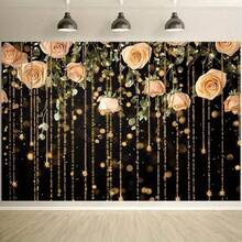 2D Flat 1 Elegant Pink Rose & Golden Glittery Background Luxurious Floral Party Decoration Background, Durable Polyester Fabric, Suitable For Wedding, Birthday, Anniversary Indoor/Outdoor Photo Booth Props, Wedding Decoration, Charming Design, Easy To Arrange - 1PCS - View 3