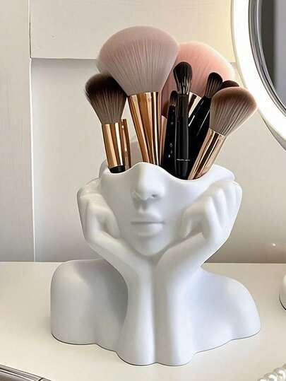 White Facial Sculpture Makeup Brush Holder, Large Capacity Makeup Vanity, Fashionable Dust-Proof Cosmetic Storage Rack, Ideal For Valentine's Day, Suitable For Makeup Enthusiasts And Beauty Bloggers, Bathroom Accessories, Bathroom Storage, Bathroom Shelves, Toy Storage Rack, Home Goods, Valentine's Day Bathroom