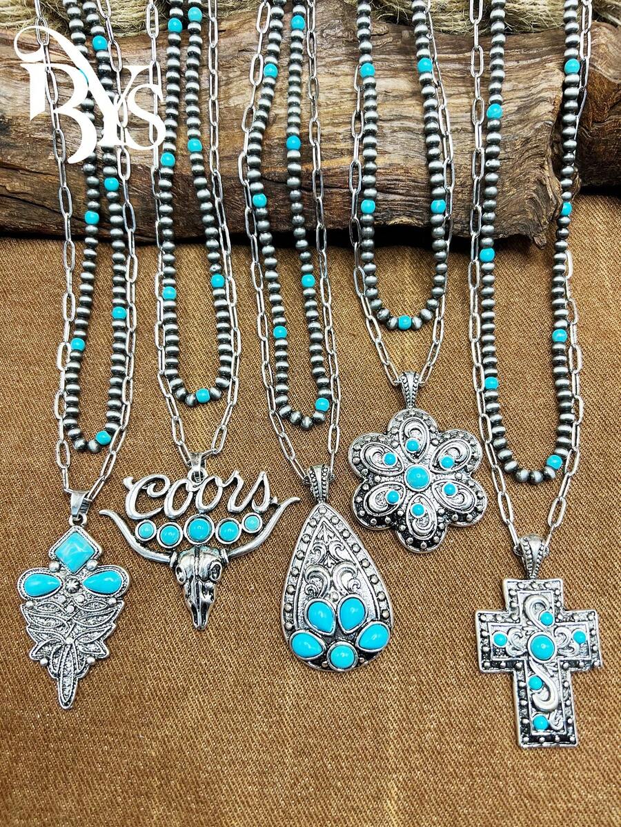 5件套复古西部风格仿绿松石珠链/铁链，绿松石西部复古吊坠项链，适合日常佩戴或作为礼物，节日项链 | 波西米亚风格 | 手工设计，波西米亚风格珠子 - 波西米亞風格 - 查看 1