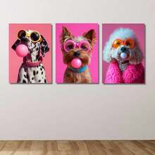 3pcs Dog Colorful Bubble Gum Fashion Glasses Poster Prints, Samoyed, French Bulldog, Corgi Canvas Wall Art, Home Decor - Multicolor - View 1