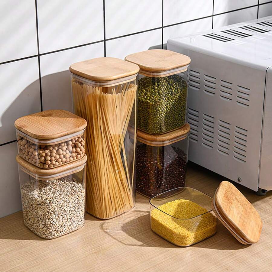 1个装食品储物罐，带密封竹盖，容量可选460毫升、1100毫升、2400毫升 - 坚固耐用，透明PET材质，方形，适用于存放意大利面、糖、面粉、谷物、豆类等食品。 - 彩色 - 查看 1