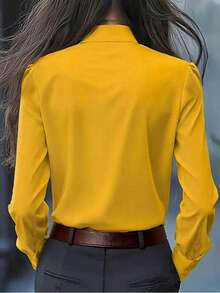 Kemeja Lengan Panjang Wanita Elegan dengan Hiasan Ruffle dan Pita, Desain Kancing Depan Warna Polos, Cocok untuk Acara Kerja dan Kasual, Blus Kasual, Atasan Elegan untuk Musim Semi - Kuning - View 3