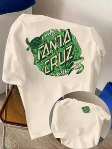 Men'S Light Blue T-Shirt With "Santa Cruz" Graphic - Green Turtle & Leaf Design, Casual Summer Tee For Adults, Comfortable Round Neck, Short Sleeve, Perfect For Casual Attire, T Shirt - 白色 - 查看 1