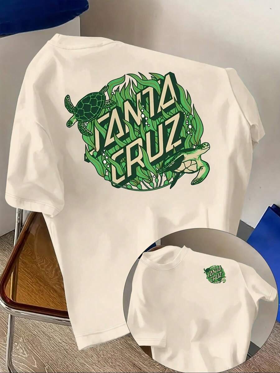 Men'S Light Blue T-Shirt With "Santa Cruz" Graphic - Green Turtle & Leaf Design, Casual Summer Tee For Adults, Comfortable Round Neck, Short Sleeve, Perfect For Casual Attire, T Shirt - 白色 - 查看 1