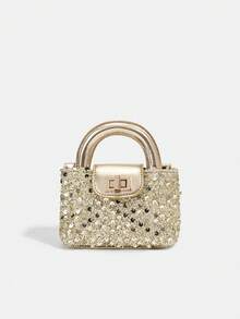 1件装女童新款时尚亮片优雅手提包，高端单肩斜挎包，扭锁装饰五金顶部提手系列，链条肩带包，母女同款包包，钱包，可调节肩带单肩包，适合日常、派对、旅行，理想礼物 - 大小號手提包 - 查看 17