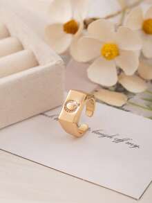 1pc Luxury Initial Open Ring, A-Z Letter Block Design With Cubic Zirconia, Adjustable Fashion Ring For Girl & Teens, Gift For Friends - Gold - View 12