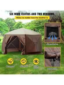 Gazebo Screen Tent, 12 X 12 Ft, 6 Sided Pop-Up Camping Canopy Shelter Tent With Mesh Windows, Portable Carry Bag, Ground Stakes, Large Shade Tents For Outdoor Camping, Lawn And Backyard - màu nâu - Xem 3