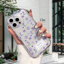1pc Fashionable Minimalist Purple Floral Transparent Wavy Cream Phone Case, Compatible With IPhone 17, 17 Pro, 17 Pro Max, 17 Air, 16, 15, 14, 13, 12, 11 / S25, 24, 23, 22 Ultra, A52, A53, A54, A55, A56, 07, A17 / OPPO / REDMI Phone Models, Anti-Fingerprint, Shock-Proof, Drop-Proof Phone Case - Clear - View 3
