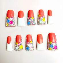 NailLush 10 PCS Handmade Duckbill Press-On Nails | Vibrant Coral Floral Rhinestone Nails With 3D Flower Designs, Bright & Sparkling Nail Art For Vibrant Sweet Daily Fashion Looks (Tool Kit Included) - Màu Cam san hô - Xem 3