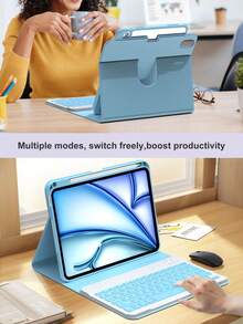 360°旋转键盘保护套，兼容iPad（A16）第11/10代、第7/8/9代，iPad Air第4/5代/(M2) 2024/(M3) 2025，iPad Pro 11英寸（2018/2020/2021/2022），PU皮革材质，内置可拆卸无线键盘，150mAh电池，Apple Pencil笔槽，浅蓝色 - 淺藍色 - 查看 7