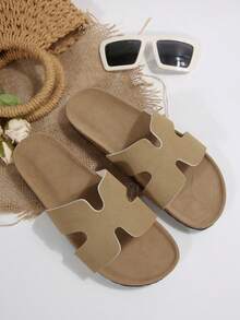 新款时尚单扣白色女士平底穆勒凉鞋 - 卡其色 - 查看 2