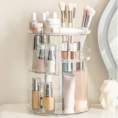 360 Degree Rotating Desktop Storage Rack, Acrylic Box Makeup Organizer For Lipstick, Skincare Products, Cosmetic Display Stand, Suitable For Vacation, Beach, Bathroom, Bedroom And More, Large Capacity