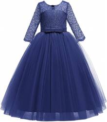 Girls Vintage Floral Lace 3/4 Sleeve Floor Length Dress - Wedding Pageant Formal Evening Gown - 藏蓝色 - 查看 4