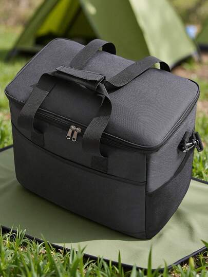 1pc Black And Gray Outdoor Large Capacity Picnic Bag, Waterproof Ice Pack, Single Shoulder Back Insulation Bag, Hand-Held Portable Lunch Box Bag, Thickened