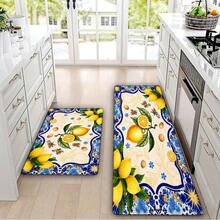 Lemon Orange Slice Pattern Kitchen Mat With Blue Star Border - Yellow Green Floral Spice Decor, Non-Slip For Tiled Floor, Fresh Vibrant Design For Home Countertop, Cabinet & Dining Area Mat - 白色 - 查看 2