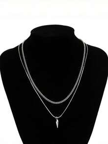 2件套男士不锈钢朋克金属风双层吊坠项链，个性化铆钉尖刺吊坠设计，适合时尚派对和休闲酷炫装扮 - 白色 - 查看 4