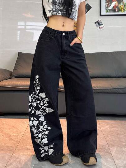 1件女士时尚刺绣阔腿牛仔裤，宽松舒适休闲街头风，四季皆宜的百搭牛仔裤（不含腰带/配饰）