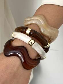 4pcs/Set Vintage Minimalist Elegant Resin Acrylic Brown Elastic Bracelet & Bangle Set, Suitable For Women's Daily, Party, Wedding, Valentine's Day, Dating, Holiday Gift, 2026 New Arrival - Multicolor - View 2