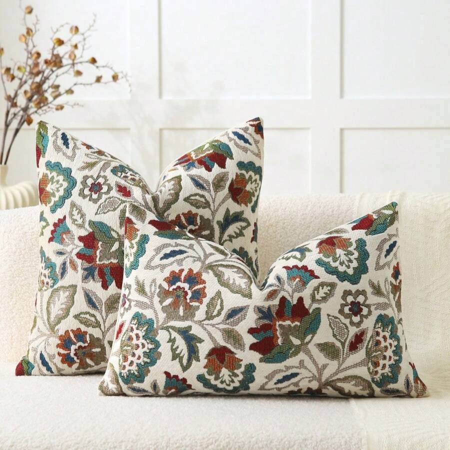 1pc Beige Floral Jacquard Chenille Pillowcase (Pillow Insert Not Included), Colorful Petal Pattern Home Decor Cushion Cover For Bedroom, Balcony, Living Room, Dining Room, Showroom - Beige Twining Flowers - View 1