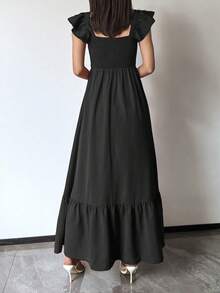 Vestidos largos elegantes para mujer con mangas de vuelo, de unicolor rojo, para vacaciones, de primavera/verano - Negro mate - Ver 7