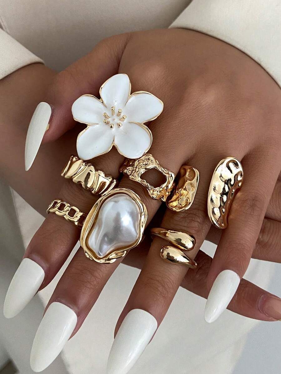 7pcs/Set Bohemian Geometric Faux Pearl Asymmetrical Hollow Ruffle Flower Fashion Open Ring Set, Luxurious Everyday Versatile Jewelry Gift For Women - Ring - View 1