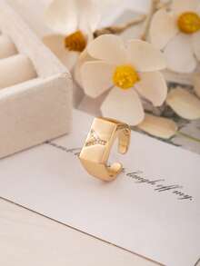 1pc Luxury Initial Open Ring, A-Z Letter Block Design With Cubic Zirconia, Adjustable Fashion Ring For Girl & Teens, Gift For Friends - Gold - View 14