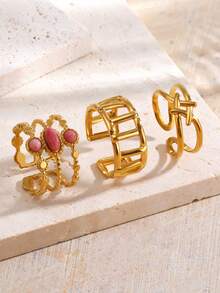 3件套不锈钢18K镀金几何天然石戒指套装，适合女士日常及派对佩戴