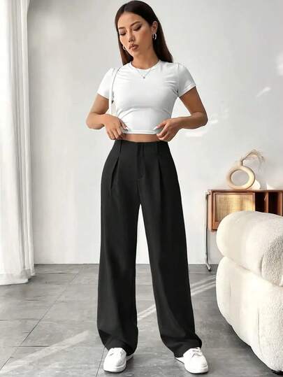2025 New European & American Fashion Casual Elegant Solid Color Woven Fabric Pocket Zipper Pleated Straight Leg Pants, Commuting Drape Slimming Office Daily Wear, Women Long Trousers For All Seasons