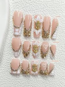 10片装优雅奢华美甲贴纸套装，亚克力美甲贴花，合金材质手工花卉装饰，闪亮香槟色水钻，尽显奢华优雅，附赠美甲工具（1张果冻贴+1把指甲锉），3种尺寸：杏仁形、鸭嘴形、棺材形，适合通勤、重要场合、派对、日常美甲等各种场合。手工按压式美甲贴片 - 彩色 - 查看 1