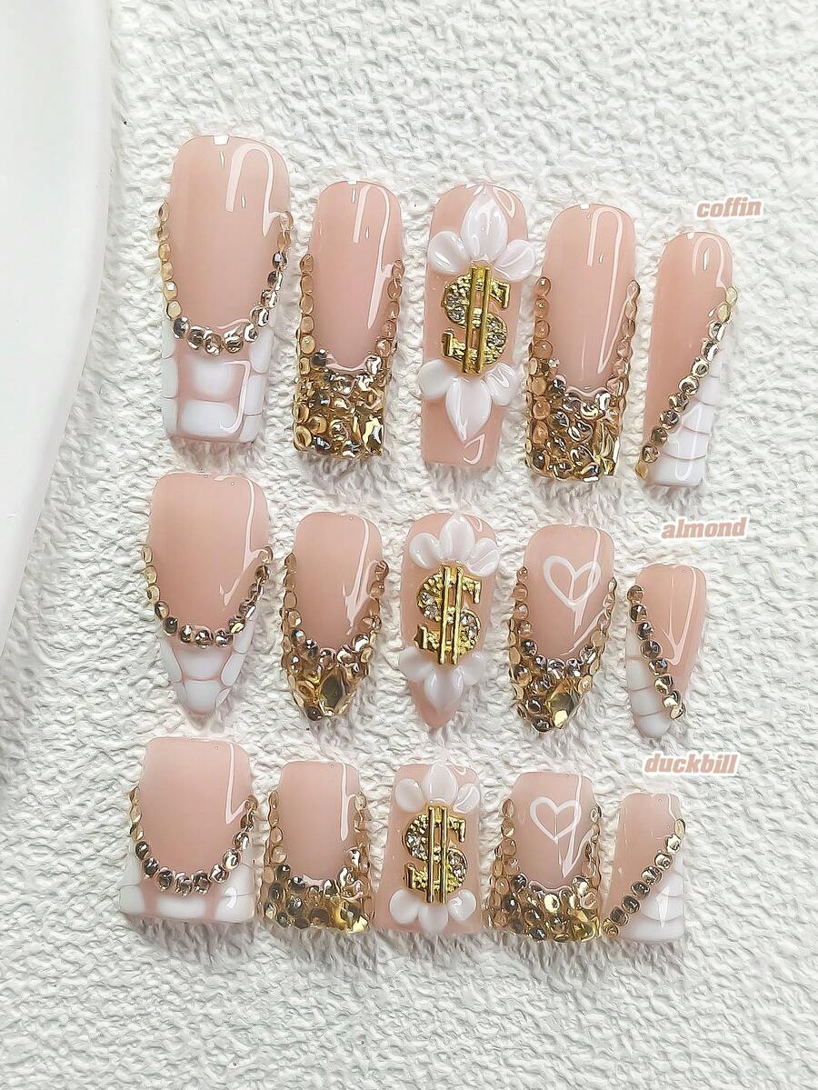 10片装优雅奢华美甲贴纸套装，亚克力美甲贴花，合金材质手工花卉装饰，闪亮香槟色水钻，尽显奢华优雅，附赠美甲工具（1张果冻贴+1把指甲锉），3种尺寸：杏仁形、鸭嘴形、棺材形，适合通勤、重要场合、派对、日常美甲等各种场合。手工按压式美甲贴片 - 彩色 - 查看 1