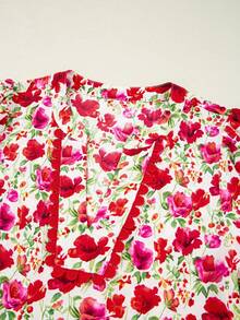 Acelitt Red Floral Puff Sleeve Tiered Ric Rac Pocketed Mini Dress - Multicolor - View 7