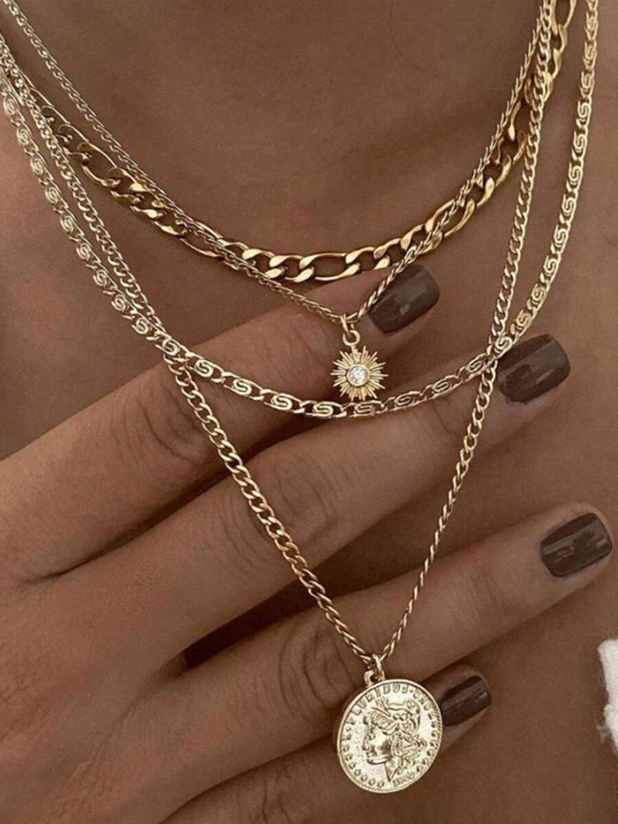 1 pieza Collar de lujo de diseño exagerado de alta gama con cadena gruesa y multicapa de estilo minimalista y metálico - Dorado - Ver 1