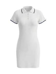 女士优雅休闲 Polo 领纽扣半开襟毛衣连衣裙，春夏款 - 白色 - 查看 7