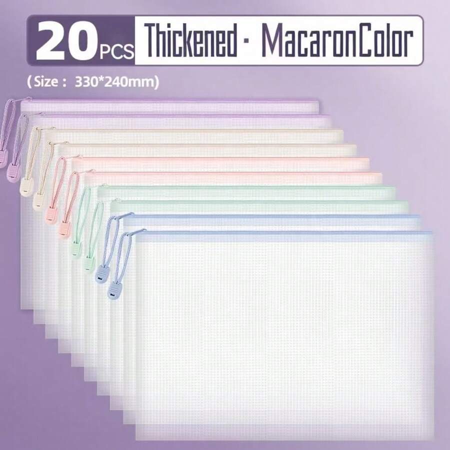 10Pcs/20Pcs Macaron Colored Thickened Mesh Zipper Storage Bags 33x24cm Large Capacity Waterproof File Pouch For School Office Teacher Classroom Toy Organization