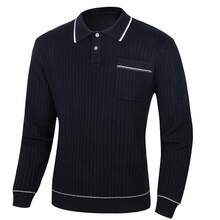US Men Ribbed Knit Polo Sweater Solid Color Long Sleeve - 藏蓝色 - 查看 6