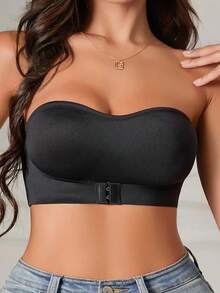 Women's Strapless Strapless Strapless Strapless Bra - Full Cup Lifting Effect, Solid Color Black And White, Comfortable Daily And Special Occasions Bra, Hand Washable, No Padding, Minimalist Design, Suitable For Layering, Suitable For Both Large And Small Breasts, Fashionable And Comfortable Fit, Seamless Strapless Design, No Steel Ring, Smooth Modern Style, Ideal For Casual Or Formal Wear, Women's Bra, Double-Layer Thick Gathering Bra, Women's High-Quality Bra, Gathering Bra, Strapless Bra, Women's Gathering Bra, Strapless Bra, Women's Gathering Bra, Women's Gathering Bra - 黑色 - 查看 2