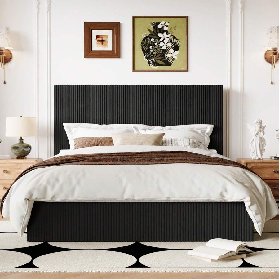 Allewie Full/Queen/King Bed Frame, Upholstered Platform Bed, Adjustable Vertical Channel Tufted Headboard, Corduroy Fabric, Modern Low Profile, Wooden Slats, No Box Spring Needed, Easy Assembly, Black - 黑色 - 查看 1
