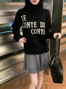 女士宽松字母印花高领套头毛衣，秋冬季 - 黑色 - 查看 6