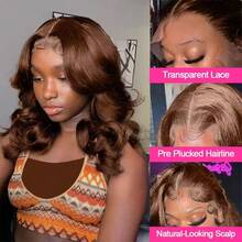 巴西原生发 13x4 13x6 高清透明蕾丝前置波波头假发，200% 密度，4# 巧克力深棕色自然波浪卷，5x5 英寸预剪预拔毛，带婴儿发，无胶真人混纺假发，自然发际线，适合女性，8-34 英寸蕾丝前置假发 - 棕色 - 查看 5