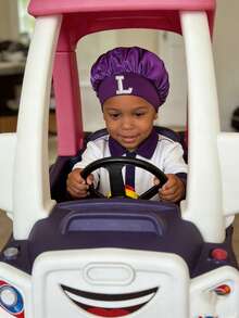 儿童A-Z字母图案弹性宽檐丝滑缎面睡帽 - 安全贴合，保护头发，超柔软透气设计，带防滑内圈 - 紫色 - 查看 4