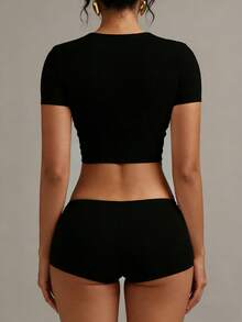 XLLAIS Square Neck Short Sleeve T-Shirt, High Stretch Breathable Double-Layer Fitted Basic White Cropped Top, Women - Black - View 2